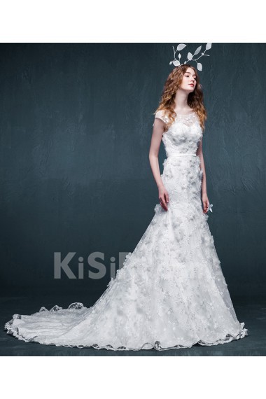 Lace, Satin Scoop Chapel Train Cap Sleeve Mermaid Dress with Handmade Flowers, Sash