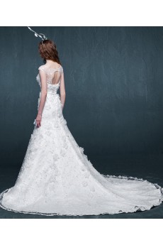 Lace, Satin Scoop Chapel Train Cap Sleeve Mermaid Dress with Handmade Flowers, Sash