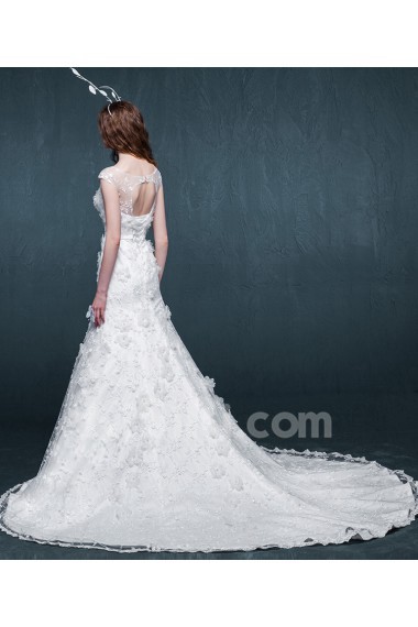 Lace, Satin Scoop Chapel Train Cap Sleeve Mermaid Dress with Handmade Flowers, Sash