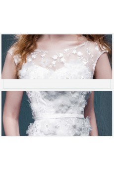 Lace, Satin Scoop Chapel Train Cap Sleeve Mermaid Dress with Handmade Flowers, Sash