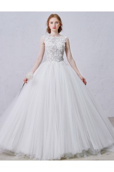 Lace, Tulle Bateau Sweep Train Sleeveless Ball Gown Dress with Handmade Flowers, Rhinestone