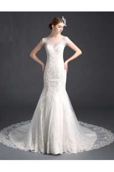 Tulle, Lace Jewel Cathedral Train Cap Sleeve Mermaid Dress with Beads