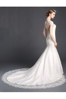 Tulle, Lace Jewel Cathedral Train Cap Sleeve Mermaid Dress with Beads