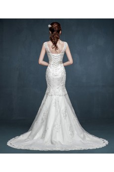 Tulle, Lace, Satin V-neck Sweep Train Sleeveless Mermaid Dress with Rhinestone, Sash