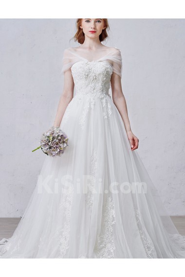 Lace, Tulle Strapless Sweep Train Sleeveless A-line Dress with Handmade Flowers