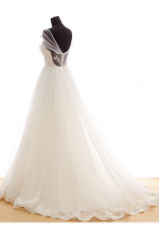 Lace, Tulle Strapless Sweep Train Sleeveless A-line Dress with Handmade Flowers