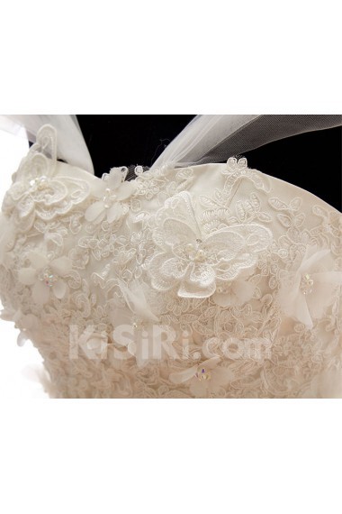 Lace, Tulle Strapless Sweep Train Sleeveless A-line Dress with Handmade Flowers