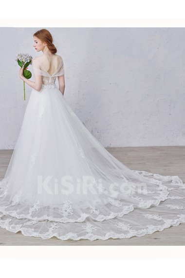 Lace, Tulle Strapless Cathedral Train Sleeveless A-line Dress with Handmade Flowers