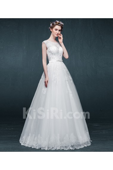 Tulle, Satin Scoop Floor Length Cap Sleeve A-line Dress with Rhinestone, Sash