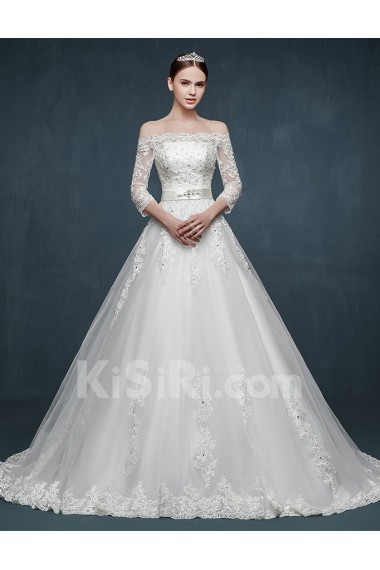 Tulle, Lace, Satin Off-the-Shoulder Sweep Train Three-quarter A-line Dress with Applique, Rhinestone, Sash