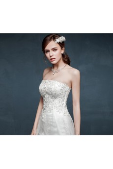 Tulle, Lace, Satin Strapless Sweep Train Sleeveless A-line Dress with Rhinestone