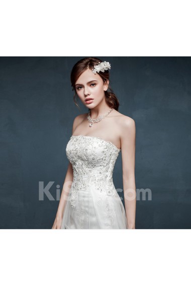 Tulle, Lace, Satin Strapless Sweep Train Sleeveless A-line Dress with Rhinestone