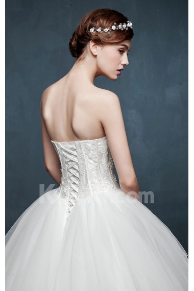 Tulle, Lace, Satin Strapless Floor Length Sleeveless Ball Gown Dress with Beads