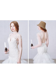 Lace, Tulle, Satin V-neck Cathedral Train Sleeveless Mermaid Dress with Flower