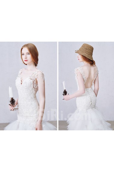 Lace, Tulle, Satin V-neck Cathedral Train Sleeveless Mermaid Dress with Flower