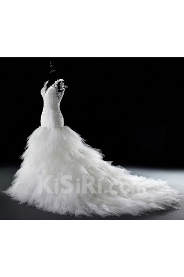 Lace, Tulle, Satin V-neck Cathedral Train Sleeveless Mermaid Dress with Flower