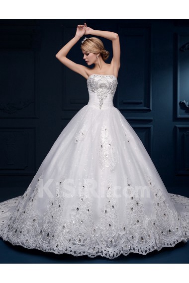 Tulle, Lace Strapless Cathedral Train Sleeveless Ball Gown Dress with Beads, Rhinestone
