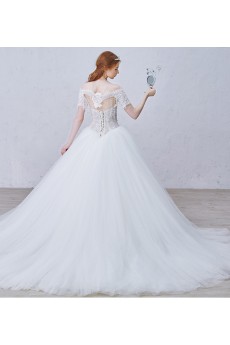 Lace, Tulle, Satin Off-the-Shoulder Chapel Train Short Sleeve Ball Gown Dress with Beads
