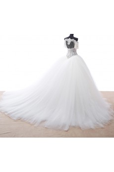Lace, Tulle, Satin Off-the-Shoulder Chapel Train Short Sleeve Ball Gown Dress with Beads
