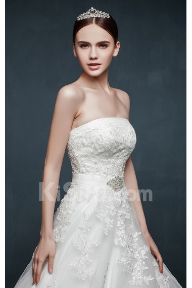 Tulle, Lace, Satin Strapless Sweep Train Sleeveless A-line Dress with Rhinestone, Sash, Applique