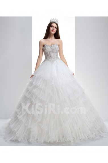 Tulle Sweetheart Chapel Train Sleeveless(Removable Sleeves) Ball Gown Dress with Bead, Rhinestone
