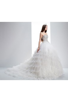 Tulle Sweetheart Chapel Train Sleeveless(Removable Sleeves) Ball Gown Dress with Bead, Rhinestone
