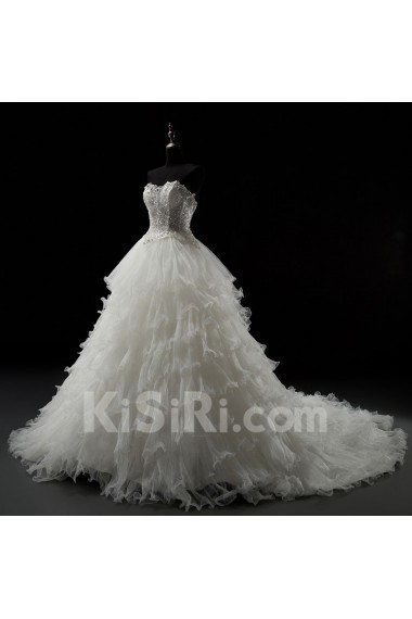 Tulle Sweetheart Chapel Train Sleeveless(Removable Sleeves) Ball Gown Dress with Bead, Rhinestone