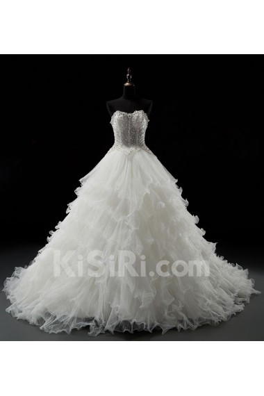 Tulle Sweetheart Chapel Train Sleeveless(Removable Sleeves) Ball Gown Dress with Bead, Rhinestone
