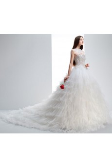 Tulle Sweetheart Chapel Train Sleeveless(Removable Sleeves) Ball Gown Dress with Bead, Rhinestone