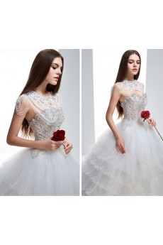 Tulle Sweetheart Chapel Train Sleeveless(Removable Sleeves) Ball Gown Dress with Bead, Rhinestone