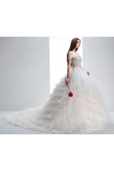 Tulle Sweetheart Chapel Train Sleeveless(Removable Sleeves) Ball Gown Dress with Bead, Rhinestone