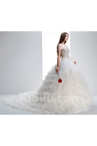Tulle Sweetheart Chapel Train Sleeveless(Removable Sleeves) Ball Gown Dress with Bead, Rhinestone