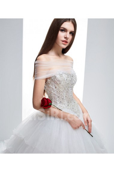 Tulle Sweetheart Chapel Train Sleeveless(Removable Sleeves) Ball Gown Dress with Bead, Rhinestone