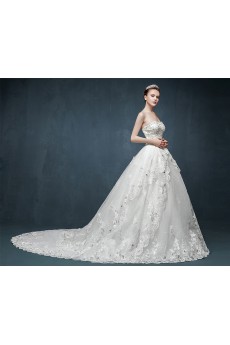 Tulle, Lace, Satin Sweetheart Chapel Train Sleeveless A-line Dress with Sequins, Rhinestone, Bow, Sash