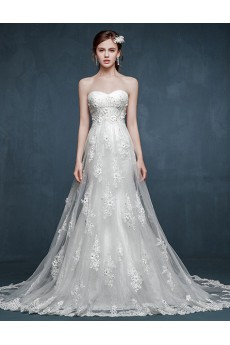 Tulle, Lace, Satin Sweetheart Cathedral Train Sleeveless A-line Dress with Rhinestone