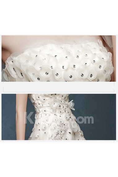 Tulle, Satin Strapless Cathedral Train Sleeveless A-line Dress with Handmade Flowers, Rhinestone