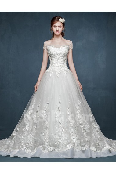 Tulle, Lace, Satin Off-the-Shoulder Chapel Train Cap Sleeve Ball Gown Dress with Handmade Flowers, Rhinestone