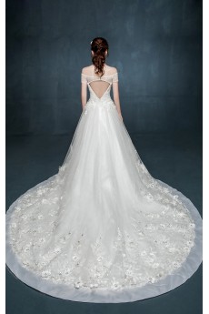 Tulle, Lace, Satin Off-the-Shoulder Chapel Train Cap Sleeve Ball Gown Dress with Handmade Flowers, Rhinestone
