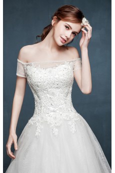 Tulle, Lace, Satin Off-the-Shoulder Chapel Train Cap Sleeve Ball Gown Dress with Handmade Flowers, Rhinestone