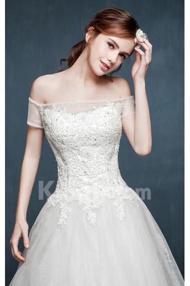 Tulle, Lace, Satin Off-the-Shoulder Chapel Train Cap Sleeve Ball Gown Dress with Handmade Flowers, Rhinestone
