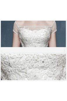 Tulle, Lace, Satin Off-the-Shoulder Chapel Train Cap Sleeve Ball Gown Dress with Handmade Flowers, Rhinestone