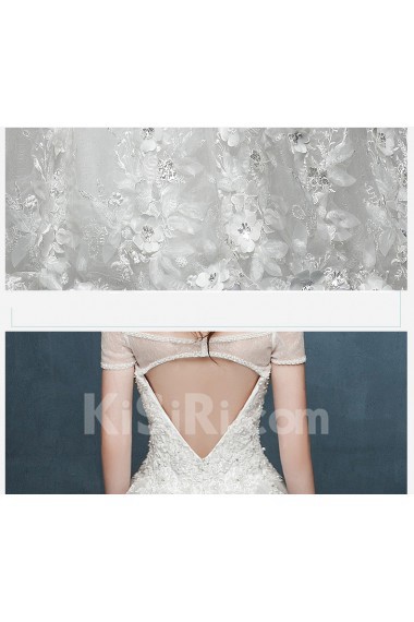 Tulle, Lace, Satin Off-the-Shoulder Chapel Train Cap Sleeve Ball Gown Dress with Handmade Flowers, Rhinestone