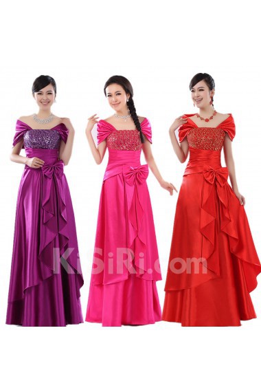 Satin Floor Length Off-the-Shoulder A-line Dress with Bow