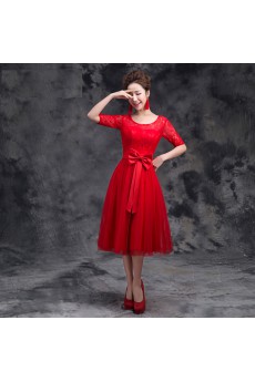 Tulle, Satin, Lace Tea-length Jewel Half Sleeve A-line Dress with Bow