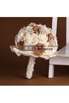 Round Shape Champagne and Light White Satin Wedding Bridal Bouquet with Imitation Pearls