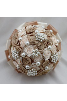 Round Shape Light White and Dark Yellow Satin Rose Rhinestone Wedding Bridal Bouquet with Imitation Pearls