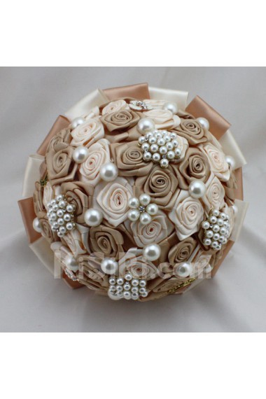 Round Shape Light White and Dark Yellow Satin Rose Rhinestone Wedding Bridal Bouquet with Imitation Pearls