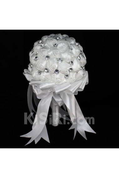 Handmade Round Shape White Satin Rhinestone Wedding Bridal Bouquet
