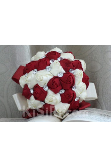Handmade Round Shape Burgundy and Light White Satin Rhinestone Wedding Bridal Bouquet