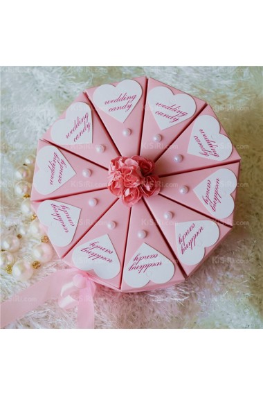 Exquisite Pink Wedding Favor Boxes with Flowers Pearls Heart-shaped Cards Ribbons (10 Pieces/Set)